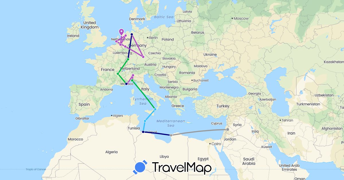 TravelMap itinerary: driving, bus, plane, train, boat in Germany, France, Italy, Libya, Netherlands, Syria (Africa, Asia, Europe)